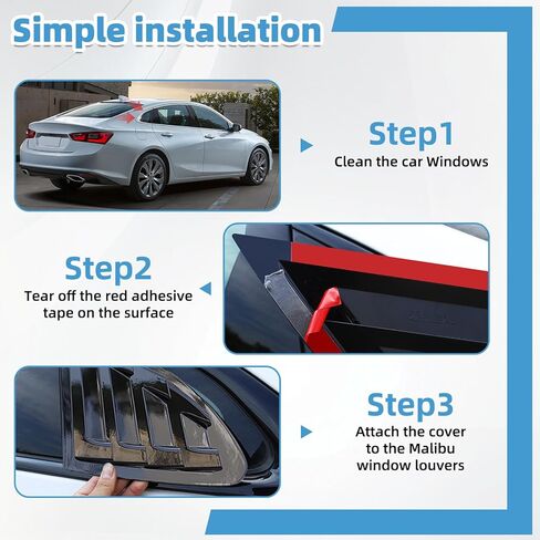 النافذة الجانبية الخلفية لوفورز ل Chevy Chevrolet Malibu 2016-2024 الملحقات النافذة الثلاثية تغطي إكسسوارات الخارجية القوية (أسود مشرق) in Kuwait