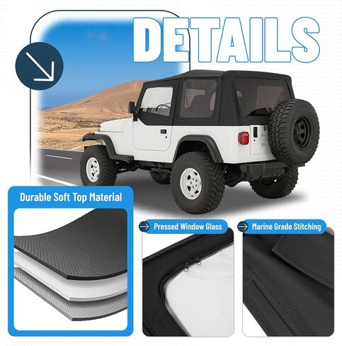 مجموعة أعلى ناعمة قابلة للتحويل متوافقة مع 1987-1995 Jeep Wrangler YJ سقف ناعم أسود مع الأبواب نصف العلوي والنوافذ البلاستيكية الملونة والألومنيوم + إطارات تصاعد الصلب كاملة in Saudi Arabia