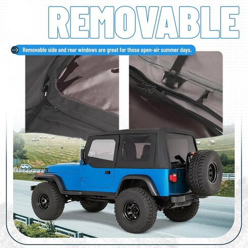 مجموعة أعلى ناعمة قابلة للتحويل متوافقة مع 1987-1995 Jeep Wrangler YJ سقف ناعم أسود مع الأبواب نصف العلوي والنوافذ البلاستيكية الملونة والألومنيوم + إطارات تصاعد الصلب كاملة in Saudi Arabia