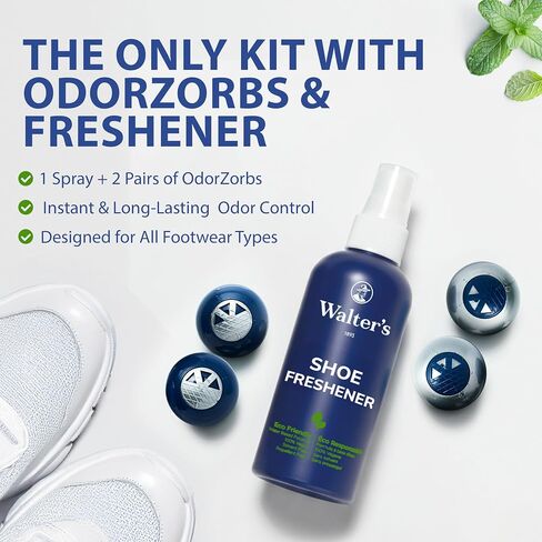 Shoe Deodorizer Spray & Odor Eliminator Kit - Shoe Spray for Smelly Shoes, Feet & Gym Bags | Peppermint Scent | Odor Removal & Shoe Cleaning Solution | 4 fl oz Spray + 2 Pairs of Deodorizer Balls in Saudi Arabia