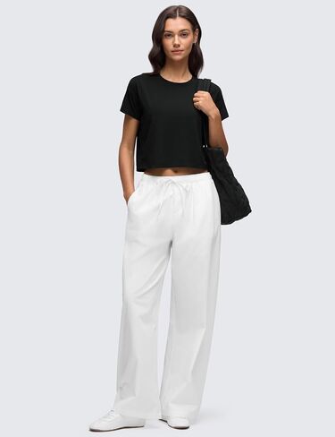 CRZ YOGA Women's Pima Cotton Workout Short Sleeve Shirts Loose Crop Tops Athletic Gym Shirt Casual Cropped T-Shirt White Apricot Large in Saudi Arabia