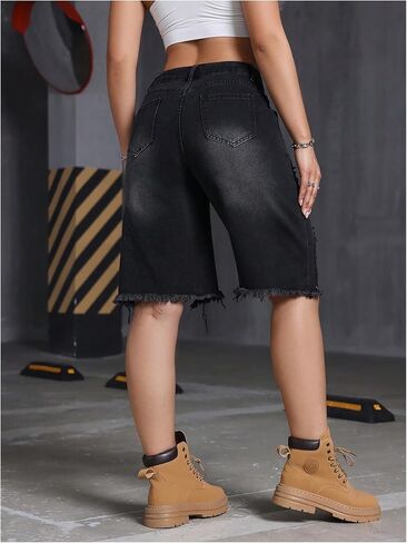 SOLY HUX Women's Ripped Denim Shorts Y2k Distressed Wide Leg Raw Hem Summer Bermuda Shorts in Saudi Arabia