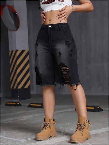 SOLY HUX Women's Ripped Denim Shorts Y2k Distressed Wide Leg Raw Hem Summer Bermuda Shorts in Saudi Arabia