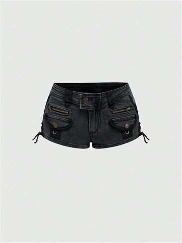 WDIRARA Women's Fuzzy Low Rise Denim Shorts Lace Up Vintage Mini Jean Shorts Streetwear in Saudi Arabia