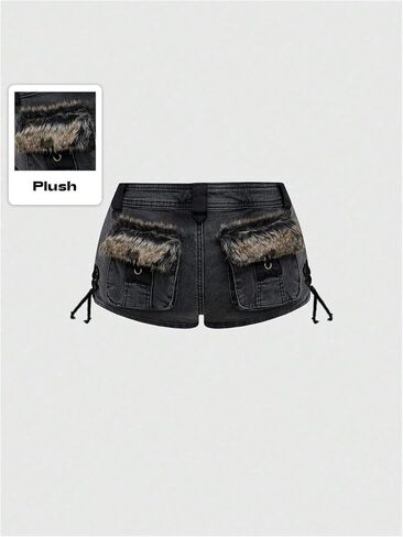 WDIRARA Women's Fuzzy Low Rise Denim Shorts Lace Up Vintage Mini Jean Shorts Streetwear in Saudi Arabia