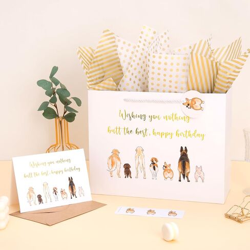 Crisky 13" Large Happy Birthday Gift Bag with Tissue Paper and Card for Women, Men, Friends, Funny Cat Bags with Handles for Party in Saudi Arabia