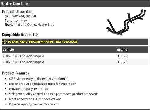 Heater Core Tube Line - Inlet and Outlet - Compatible with 2006-2011 Chevy Impala 3.5L 3.9L V6 in Saudi Arabia