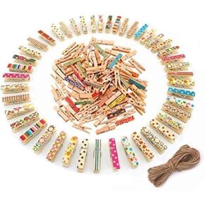 مقاطع خشبية صغيرة ، Magnolian 100pcs ملونة طبيعية مصغرة خشبية ورق peg pin حزمة حزمة الحرف مع 66 قدم جوت خيوط in Kuwait