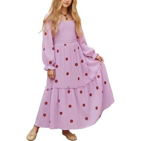 فتيات الروح المشمسة الفتيات ماكسي سقوط عارضات الأزهار البوهو الطويلة الأكمام مربعة رقبة مربعة مطرزة بالفساتين مدفوعة in Kuwait