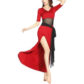 Women Belly Dance Long Dress Belly Dance Practice Clothing One Pieces Sexy High Split Dress Women Lady Elegant Dancing Costume(Wine Red,XL) in Saudi Arabia