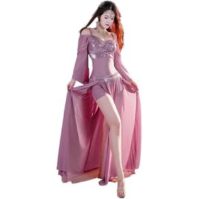 Women Belly Dance Long Dress Bellydance Suit for Women Sequin Long Sleeved Split Skirt 2pcs Adult Dance Professional Practice Clothes(Pink,XL) in Saudi Arabia