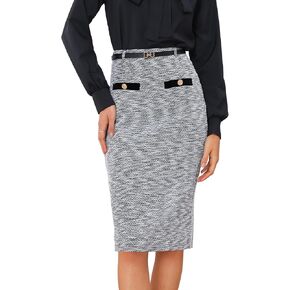 Allegra K Pencil Skirt for Women Midi Length High Waisted Tweed Skirt Button Decor Bodycon Office Work Skirts with Belt in Kuwait