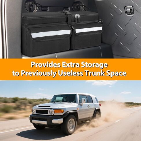 منظم جذع السيارة متوافق مع Toyota FJ Cruiser 2007-2021 ، صندوق تخزين للسيارات متعدد الوظائف مع غطاء ، حقيبة طبقة مزدوجة مع 3 أشرطة خطاف وحلقة ، كلا الجانبين مع الأشرطة للإصلاح ، الأسود ، in Saudi Arabia