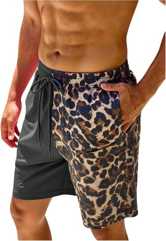 WDIRARA Men's Leopard Swim Trunks Color Block Drawstring Waist Vacation Beach Board Shorts in Saudi Arabia