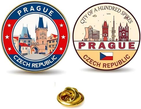 Prague Souvenir Pins Set of 2, Czech Republic Travel Collectible Badges, Alloy Metal with Gold Plating, City Landmark Tourist Gifts in Saudi Arabia