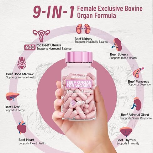 Beef Organs Supplement for Women: 600mg Beef Uterus, Liver, Kidney, Heart for Primal Hormone & PMS Support – Complex with Herbs, Multivitamin & Minerals for Energy & Balance – 60 Capsules Dietary in Saudi Arabia