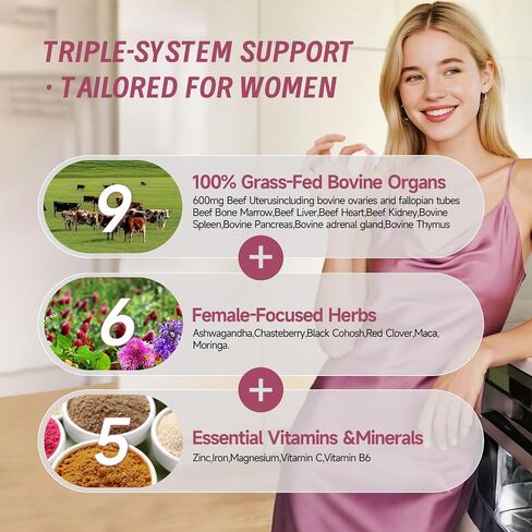 Beef Organs Supplement for Women: 600mg Beef Uterus, Liver, Kidney, Heart for Primal Hormone & PMS Support – Complex with Herbs, Multivitamin & Minerals for Energy & Balance – 60 Capsules Dietary in Saudi Arabia
