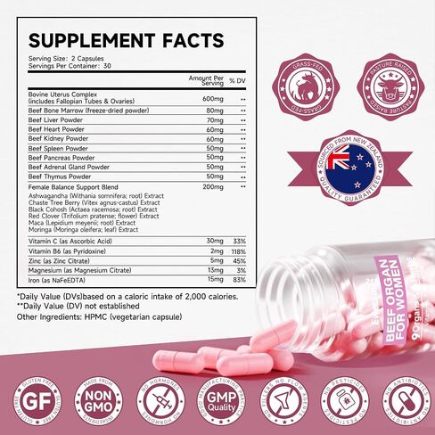 Beef Organs Supplement for Women: 600mg Beef Uterus, Liver, Kidney, Heart for Primal Hormone & PMS Support – Complex with Herbs, Multivitamin & Minerals for Energy & Balance – 60 Capsules Dietary in Saudi Arabia