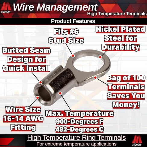 Morris Products High Temperature Ring Terminals – 16-14 Wire Size - #6 Stud Size – Nickel-Plated Steel – For HVAC, Industrial Kilns, Electric Space Heaters, Commercial Ovens, Fryers – Pack of 100, (12516) in Saudi Arabia