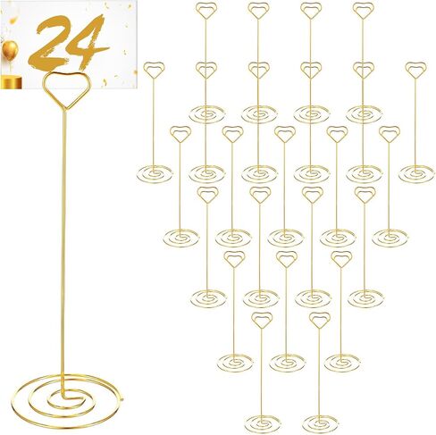 24 Pcs Gold Place Card Holders, 8.75 Inches Tall Table Number Holders, Gold Picture Holder for Tables with Heart Shaped Clip for Wedding, Photos, Food Signs, Memo Notes, Restaurant, Birthday in Saudi Arabia