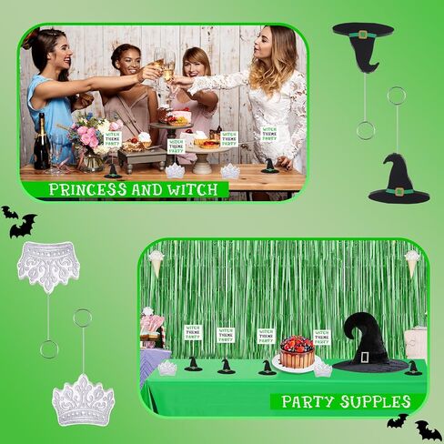 12 Pcs Witch And Princess Table Number Holders, Witch Theme Party Favor Wooden Hat and Crown Photo Card Holder Name Card Picture Stand for Pink and Green Birthday Decor in Saudi Arabia