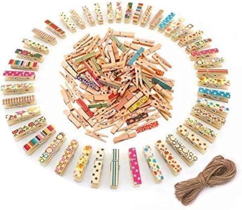 مقاطع خشبية صغيرة ، Magnolian 100pcs ملونة طبيعية مصغرة خشبية ورق peg pin حزمة حزمة الحرف مع 66 قدم جوت خيوط in Kuwait