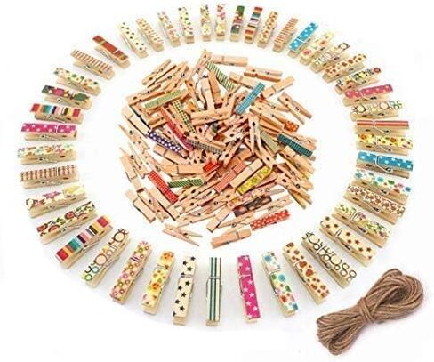 مقاطع خشبية صغيرة ، Magnolian 100pcs ملونة طبيعية مصغرة خشبية ورق peg pin حزمة حزمة الحرف مع 66 قدم جوت خيوط in Kuwait
