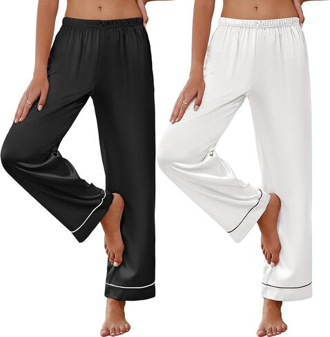 Ekouaer 2 Pack Women Silk Satin Pajamas Pants Wide Leg Comfy Lounge Pants Loose Elastic Waist Pj Bottoms with Pockets in Saudi Arabia