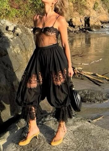 Lace Long Bloomer Pants for Women Y2K Ruffle Victorian Pantaloons Pettipants Slip Pants Capri Pajama Bottoms in Saudi Arabia