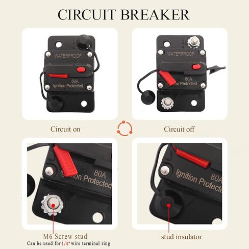 80 أمبير قاطع دائرة مع 6 AWG 1/4 "محطة حلقة لقوارب التصيد القوارب Marine Marine ATV مركبات مركبة ستيريو الصوت البطارية الإلكترونية in Kuwait