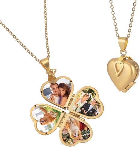 FINGERINSPIRE Love Heart Locket Necklace Personalized Golden Holds 4 Photos Brass Heart Shape Pendant Vintage Four Clover Memorial Photo Locket Pendant Charm Photo DIY Charm Photo Locket Making Kit in Saudi Arabia