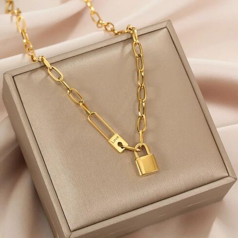 18k Yellow Gold Letter Love Lock Necklace For Women, 925 sterling Silver Exaggerated Punk Lock Chain Necklace - Silver Lock Necklace Men, Heart Lock Necklace, Padlock Necklace For Women in Saudi Arabia