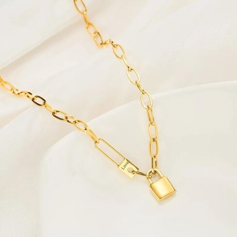 18k Yellow Gold Letter Love Lock Necklace For Women, 925 sterling Silver Exaggerated Punk Lock Chain Necklace - Silver Lock Necklace Men, Heart Lock Necklace, Padlock Necklace For Women in Saudi Arabia