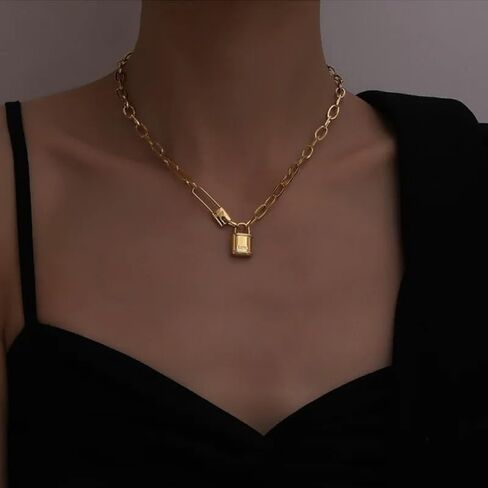 18k Yellow Gold Letter Love Lock Necklace For Women, 925 sterling Silver Exaggerated Punk Lock Chain Necklace - Silver Lock Necklace Men, Heart Lock Necklace, Padlock Necklace For Women in Saudi Arabia