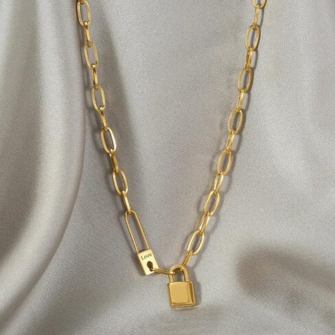 18k Yellow Gold Letter Love Lock Necklace For Women, 925 sterling Silver Exaggerated Punk Lock Chain Necklace - Silver Lock Necklace Men, Heart Lock Necklace, Padlock Necklace For Women in Saudi Arabia