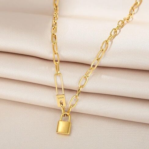 18k Yellow Gold Letter Love Lock Necklace For Women, 925 sterling Silver Exaggerated Punk Lock Chain Necklace - Silver Lock Necklace Men, Heart Lock Necklace, Padlock Necklace For Women in Saudi Arabia