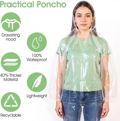 20 Pack Disposable Rain Ponchos for Adults, Men Women Clear Ponchos with Hood, Waterproof PE Raincoats with Drawstring, Emergency Poncho Bulk Unisex for Camping, Hiking, Travel in Saudi Arabia