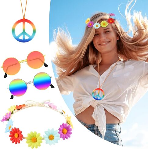 CHRORINE Hippie Costume Set Hippie Sunglasses Peace Sign for Party Decorations in Kuwait