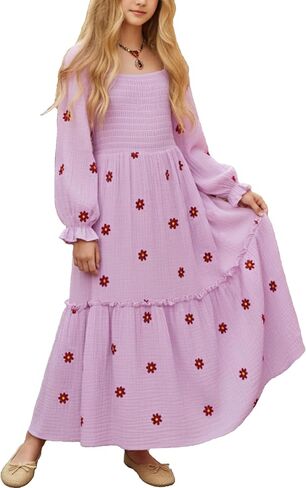 فتيات الروح المشمسة الفتيات ماكسي سقوط عارضات الأزهار البوهو الطويلة الأكمام مربعة رقبة مربعة مطرزة بالفساتين مدفوعة in Kuwait