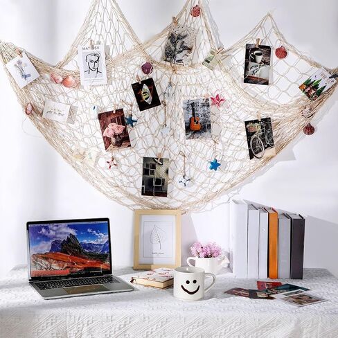 28 Pcs Fishnet Decorative Nature Fish Net Wall Decoration Set 79 x 59 Inch Nautical Fishing Net Hanging Decor, 9 Sea Shells, 4 Starfish, 2 Life Ring, Fish, Anchor, 10 Clips for Party (Blue) in Saudi Arabia