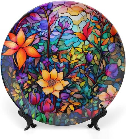 Thanksgiving Decorative Plates, Watercolor Autumn Flowers Stained Glass Print Ceramic Plate Autumn Home Commemorative Plate, Fall Wall Hanging Decor for Living Dining Room Kitchen Household 8 Inch in Kuwait