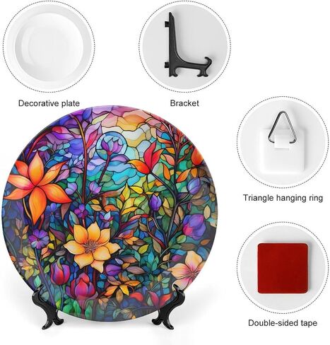 Thanksgiving Decorative Plates, Watercolor Autumn Flowers Stained Glass Print Ceramic Plate Autumn Home Commemorative Plate, Fall Wall Hanging Decor for Living Dining Room Kitchen Household 8 Inch in Kuwait