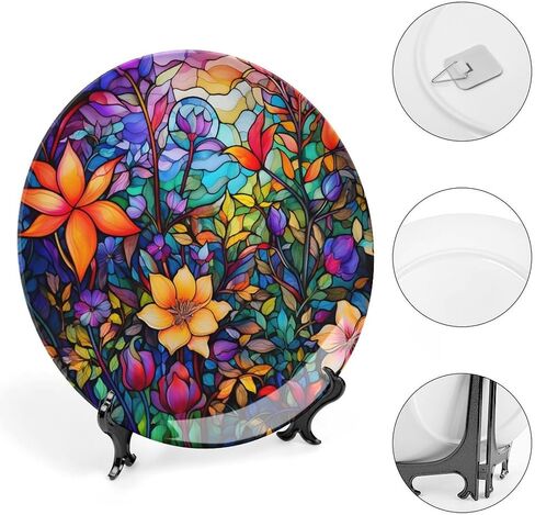 Thanksgiving Decorative Plates, Watercolor Autumn Flowers Stained Glass Print Ceramic Plate Autumn Home Commemorative Plate, Fall Wall Hanging Decor for Living Dining Room Kitchen Household 8 Inch in Kuwait