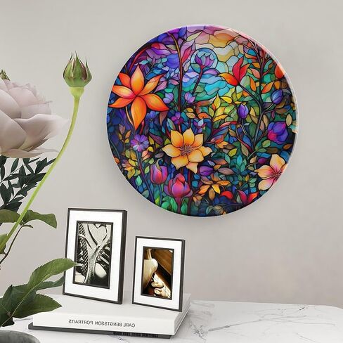 Thanksgiving Decorative Plates, Watercolor Autumn Flowers Stained Glass Print Ceramic Plate Autumn Home Commemorative Plate, Fall Wall Hanging Decor for Living Dining Room Kitchen Household 8 Inch in Kuwait