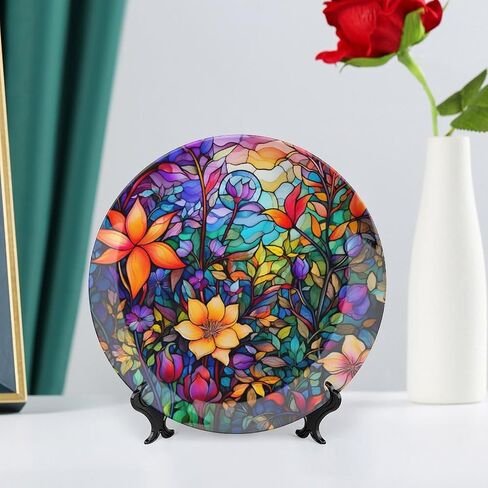 Thanksgiving Decorative Plates, Watercolor Autumn Flowers Stained Glass Print Ceramic Plate Autumn Home Commemorative Plate, Fall Wall Hanging Decor for Living Dining Room Kitchen Household 8 Inch in Kuwait