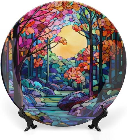 Thanksgiving Decorative Plates, Watercolor Autumn Flowers Stained Glass Print Ceramic Plate Autumn Home Commemorative Plate, Fall Wall Hanging Decor for Living Dining Room Kitchen Household 8 Inch in Kuwait