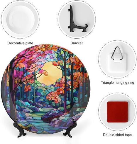 Thanksgiving Decorative Plates, Watercolor Autumn Flowers Stained Glass Print Ceramic Plate Autumn Home Commemorative Plate, Fall Wall Hanging Decor for Living Dining Room Kitchen Household 8 Inch in Kuwait