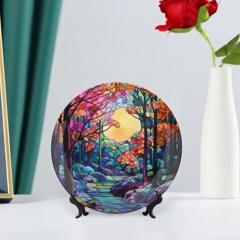 Thanksgiving Decorative Plates, Watercolor Autumn Flowers Stained Glass Print Ceramic Plate Autumn Home Commemorative Plate, Fall Wall Hanging Decor for Living Dining Room Kitchen Household 8 Inch in Kuwait