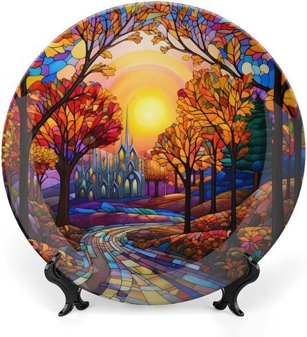 Thanksgiving Decorative Plates, Watercolor Autumn Flowers Stained Glass Print Ceramic Plate Autumn Home Commemorative Plate, Fall Wall Hanging Decor for Living Dining Room Kitchen Household 8 Inch in Kuwait
