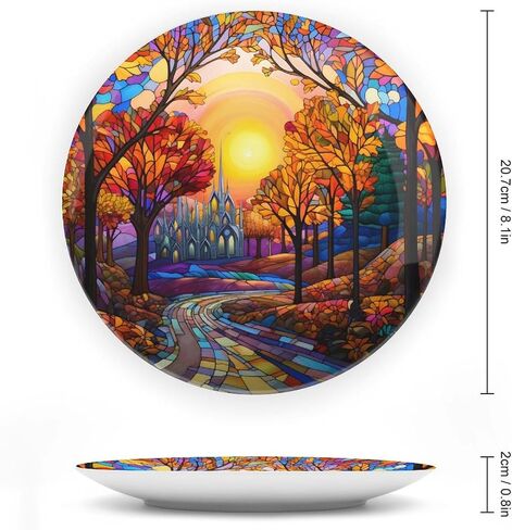 Thanksgiving Decorative Plates, Watercolor Autumn Flowers Stained Glass Print Ceramic Plate Autumn Home Commemorative Plate, Fall Wall Hanging Decor for Living Dining Room Kitchen Household 8 Inch in Kuwait